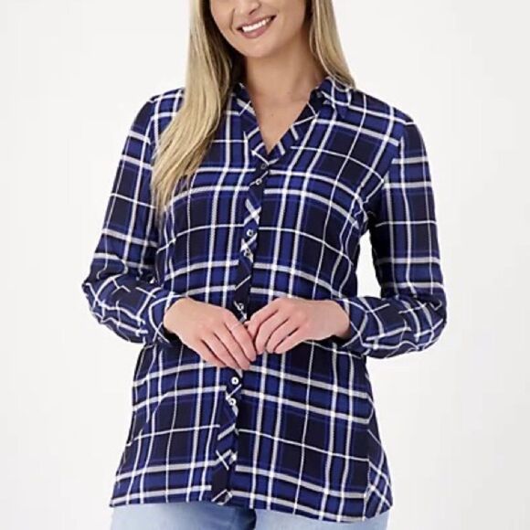 Susan Graver Weekend Printed Stretch Woven Button-Up Shirt - Picture 1 of 5